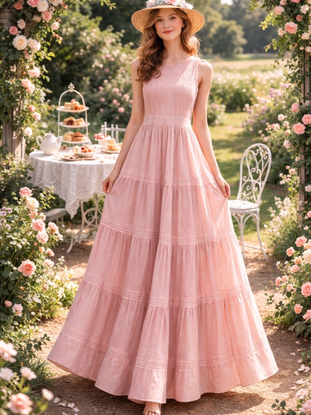 NWT Pampelone Pink Cotton Tiered Maxi Dress Sz M Wedding Guest Tea Party
